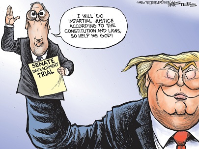Senate Impeachment Trial: Trump's Puppet McConnell proclaims 'I will do impartial justice according to the Constitution and laws, so help me God!' by Kevin Siers of the Charlotte Observer